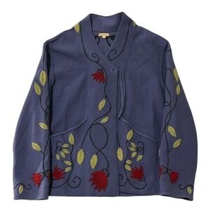 Dick & Jayne Floral Embroidered Blue Wool Knit Cardigan Jacket Bohemian Coat - M